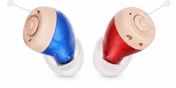 FairTone red and blue rechargeable in-ear hearing aids