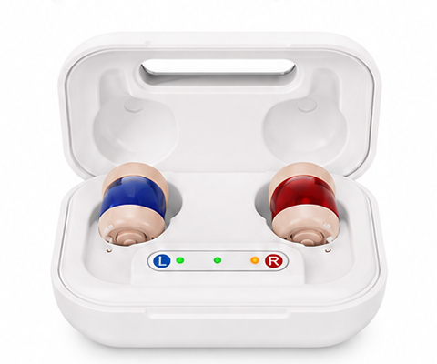 FairTone hearing aids seated in the open white charging case
