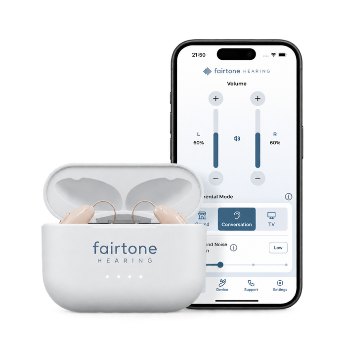 Fairtone Hearing ION Pro 2 hearing aids and charging case
